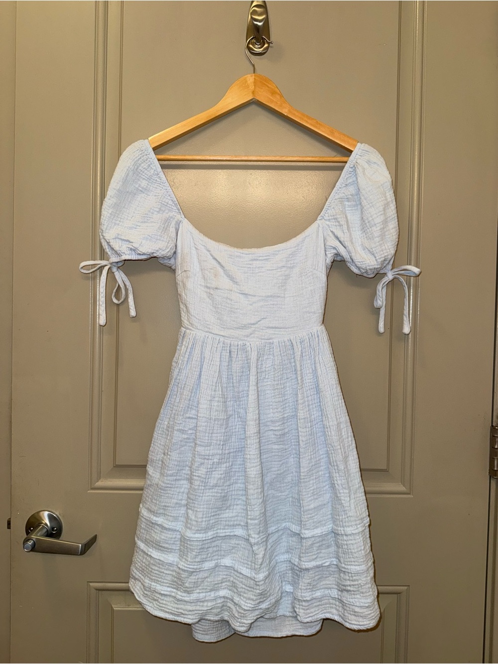 Hello Molly Pale Blue Square-Neck Puff Sleeve Mini Dress